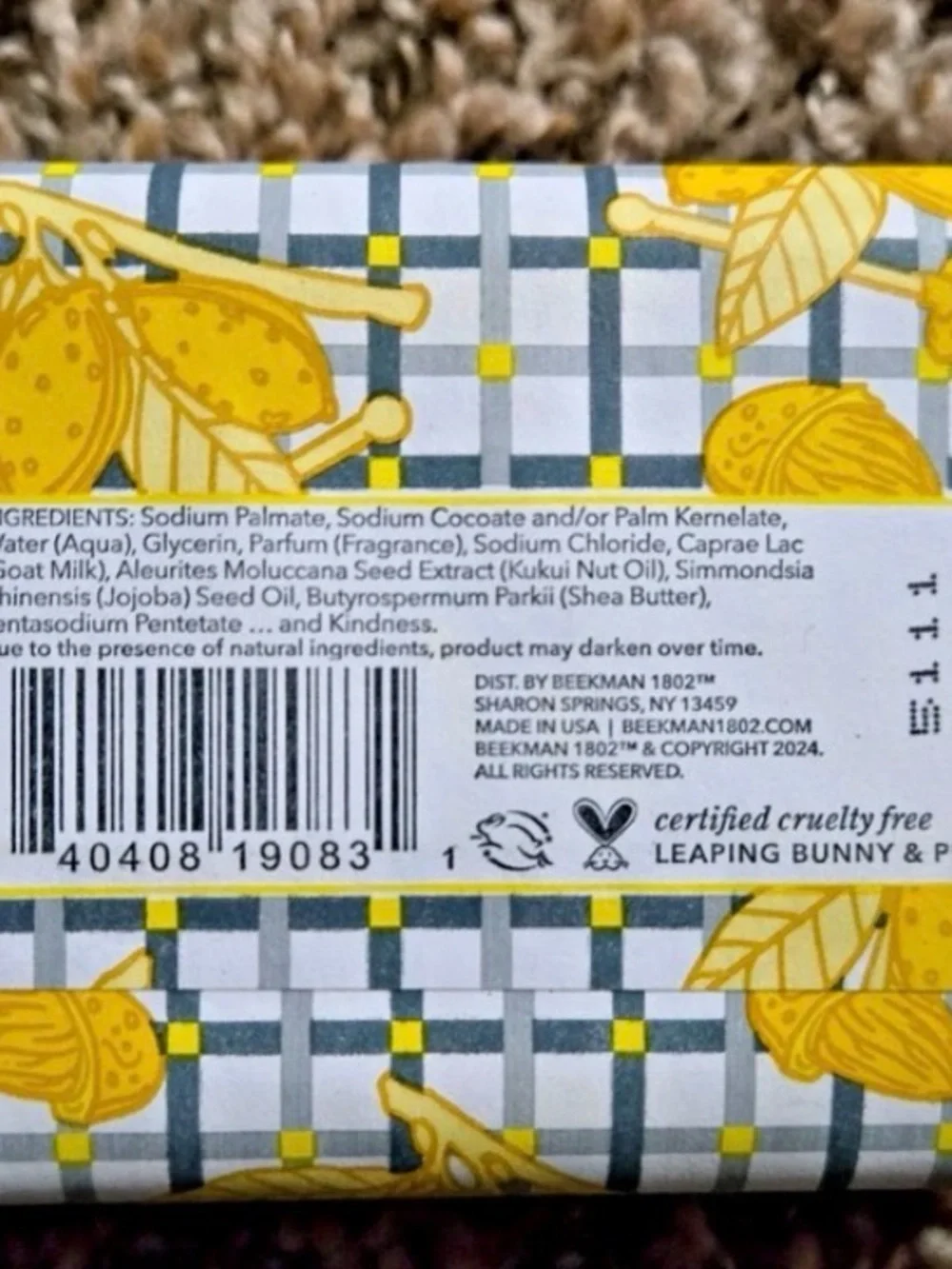 Beekman 1802 Almond Honey Cookie Soap - Yellow and Gray Floral Plaid